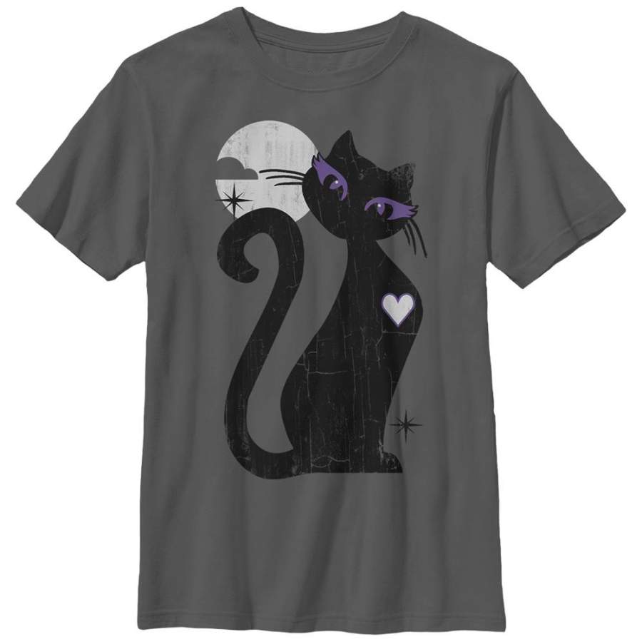 Lost Gods Boy’s Halloween Full Moon Cat Heart  T Shirt Charcoal