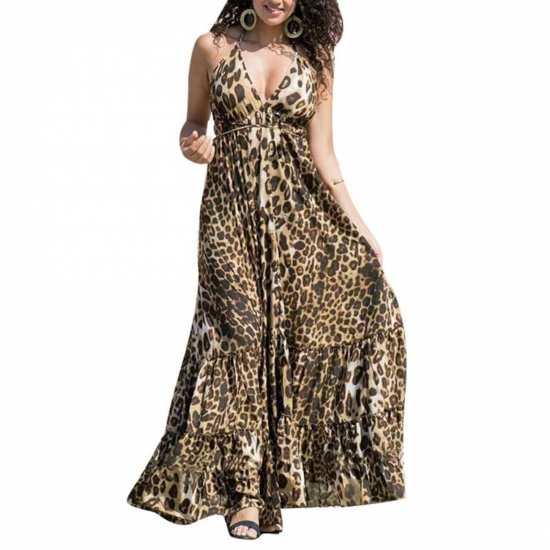 Sexy Deep V-neck Spaghetti Strap Backless Halter Leopard Dress