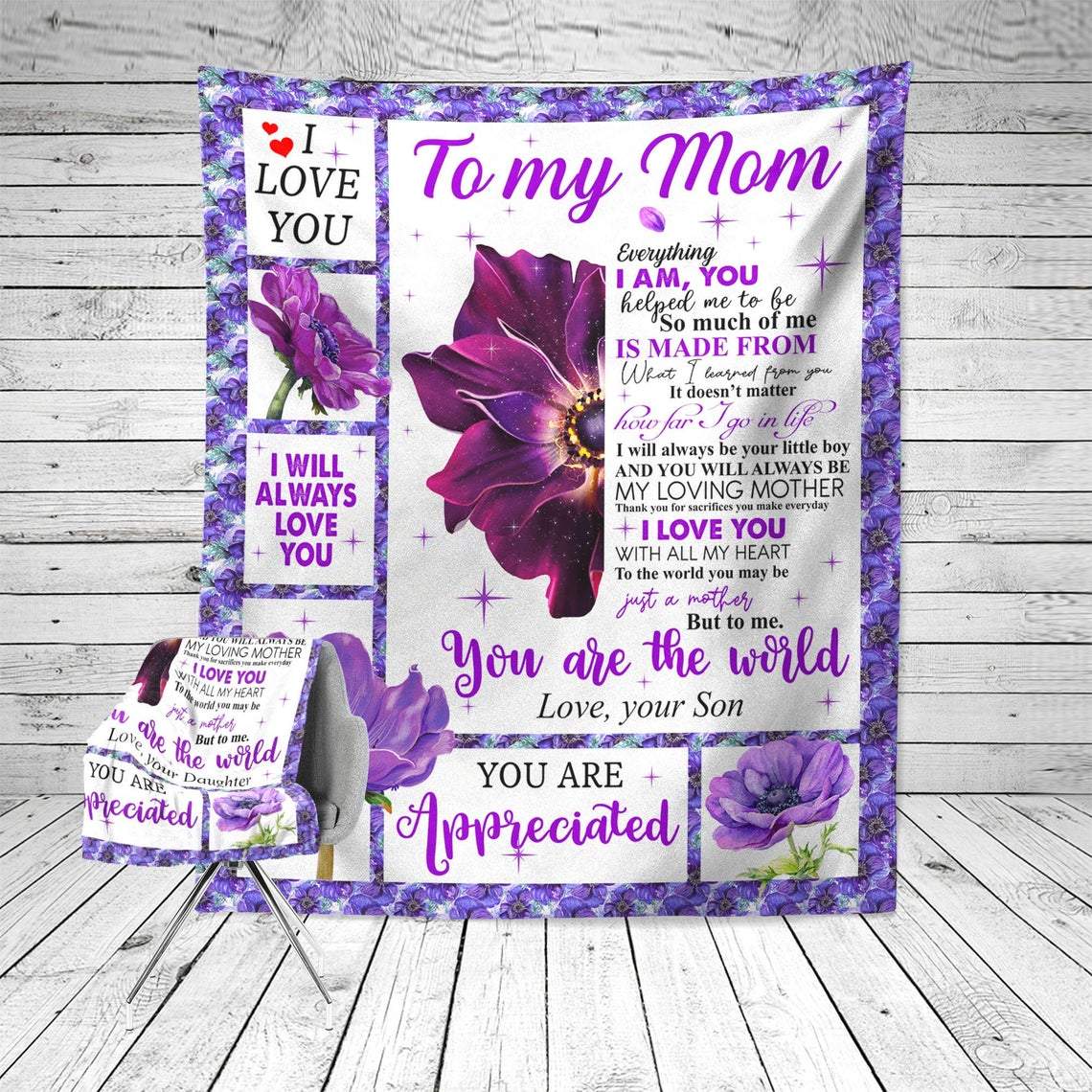 To My Mom I Love You With All My Heart Purple Flower Blanket Gift For Mom From Son Birthday Gift Home Decor Bedding Couch Sofa Soft And Comfy Cozy