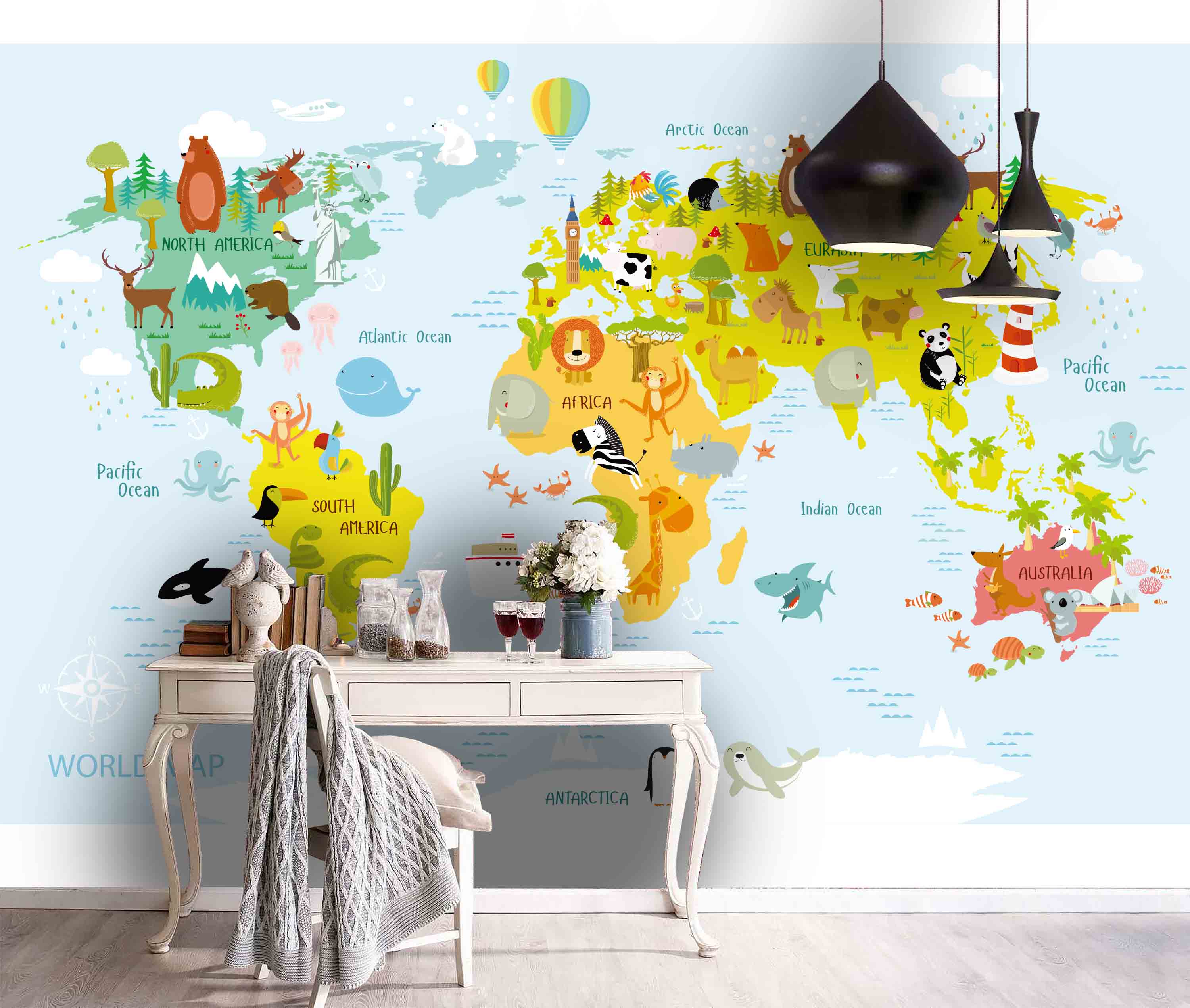 3D World Map Cartoon Animals Light Blue Background  Wall Mural Wallpaper 97