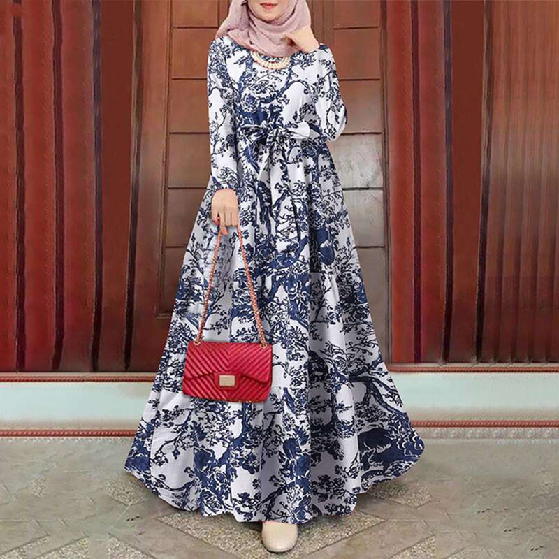 4XL 5XL Plus Size Dress Lady 2022 Fashion Muslim Autumn Vintage Print Sundress Turkish Robe Crew Neck Casual Women Party Dresses alx