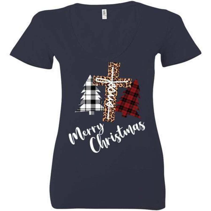 Jesus Cross Merry Christmas Ladies Deep V-Neck