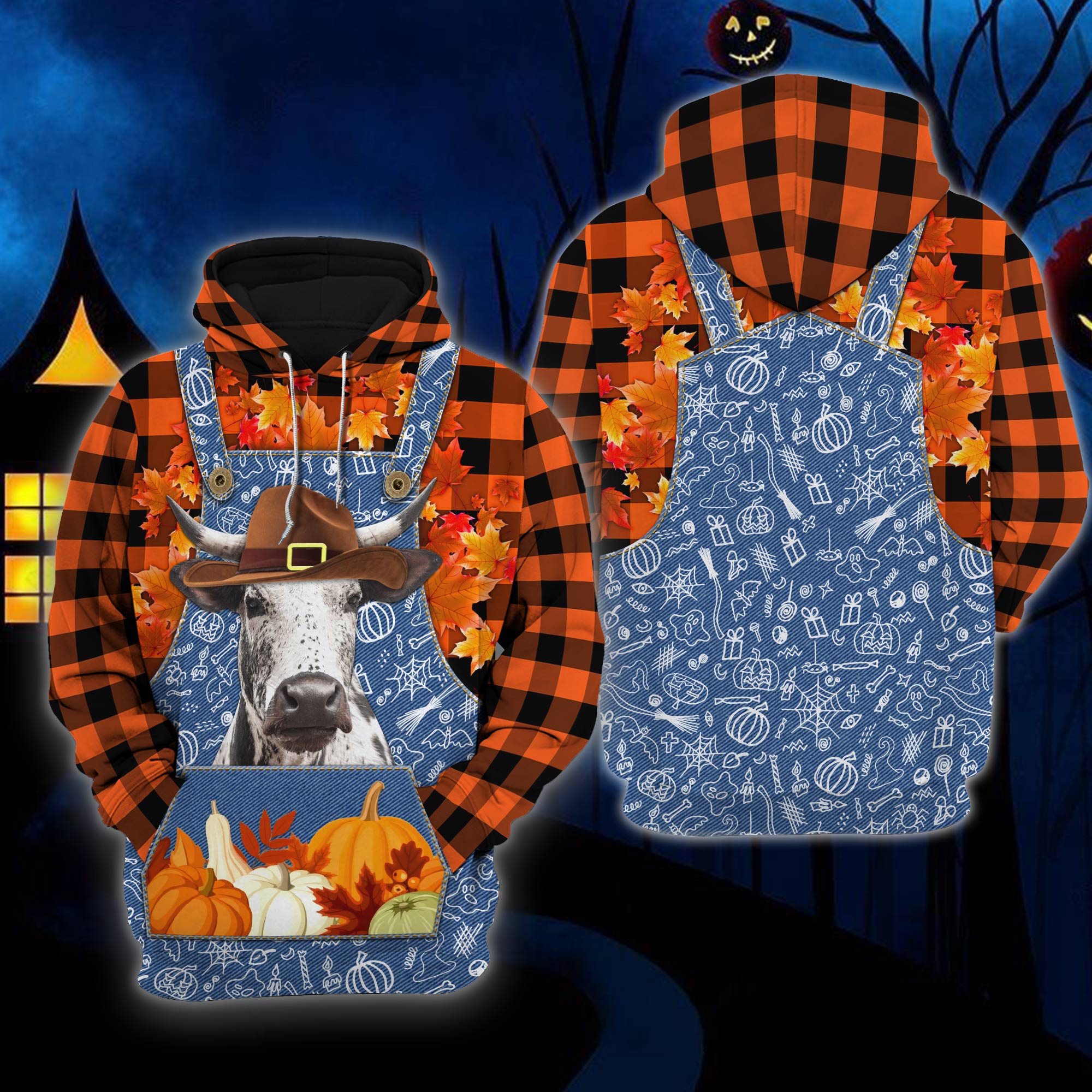 3D All Over Print Hoodie Happy Halloween Corriente Orange Plaid Pattern