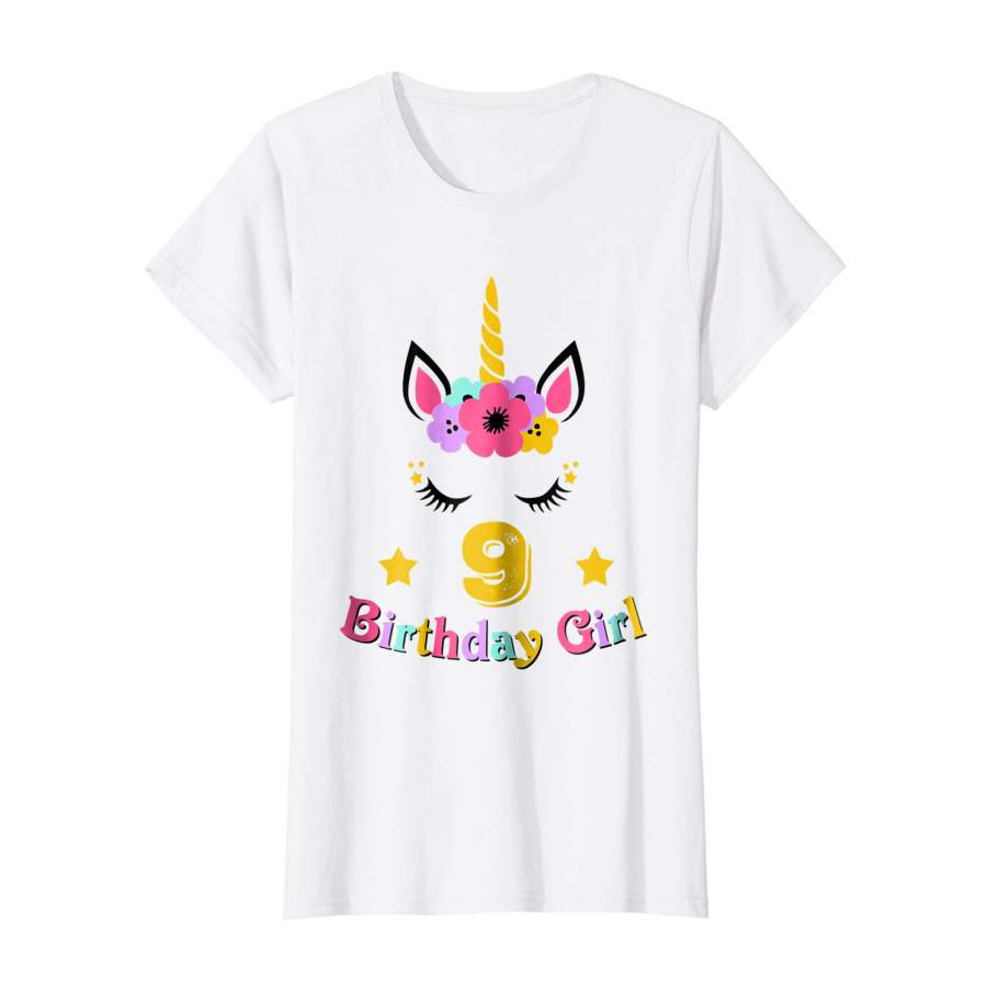 9 Birthday Girl Floral Unicorn T Shirt 9th Birthday Outfit