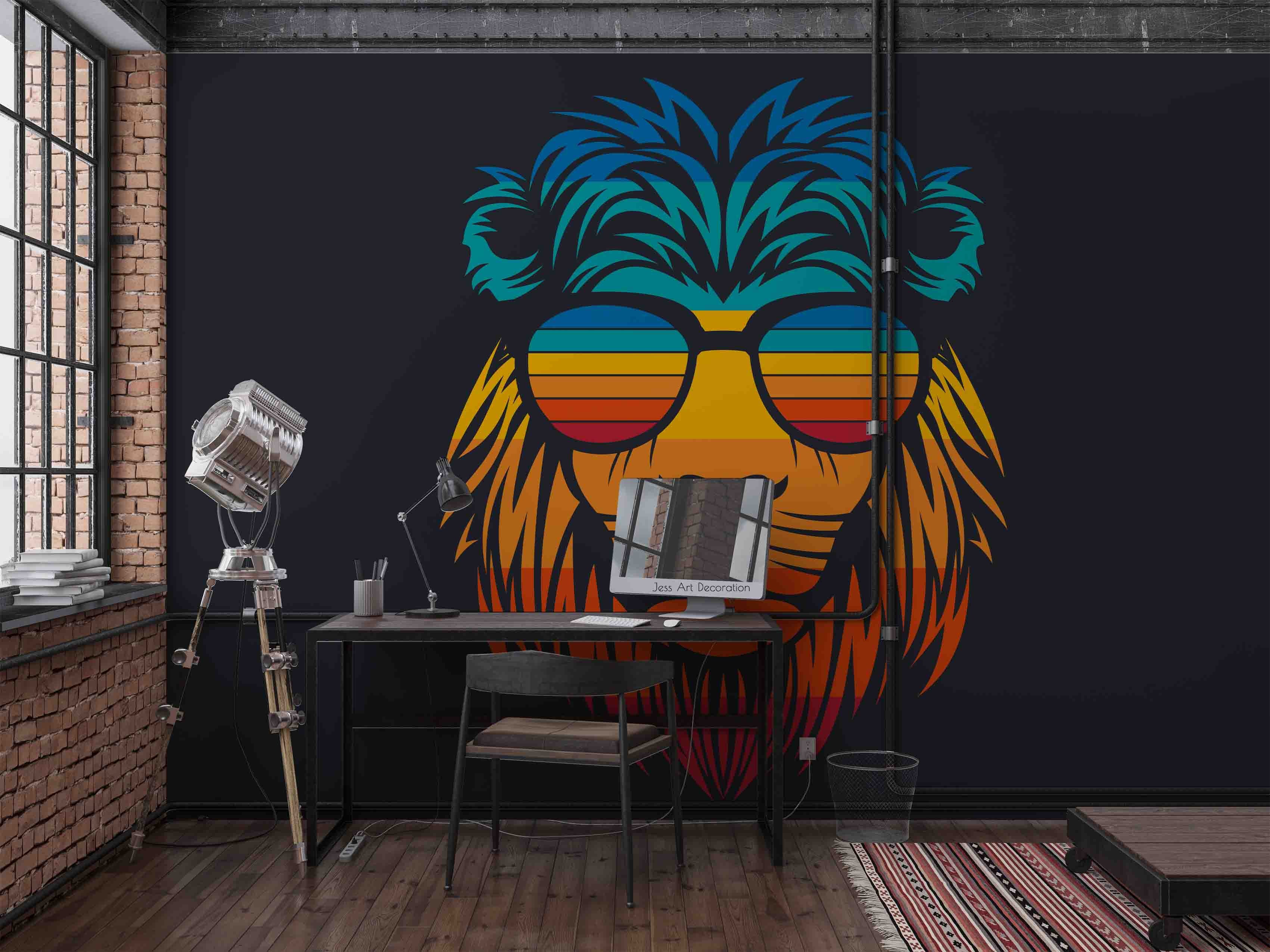 3D Graffiti Lion Glasses Orange Blue Wall Mural Wallpaper Gd 2858