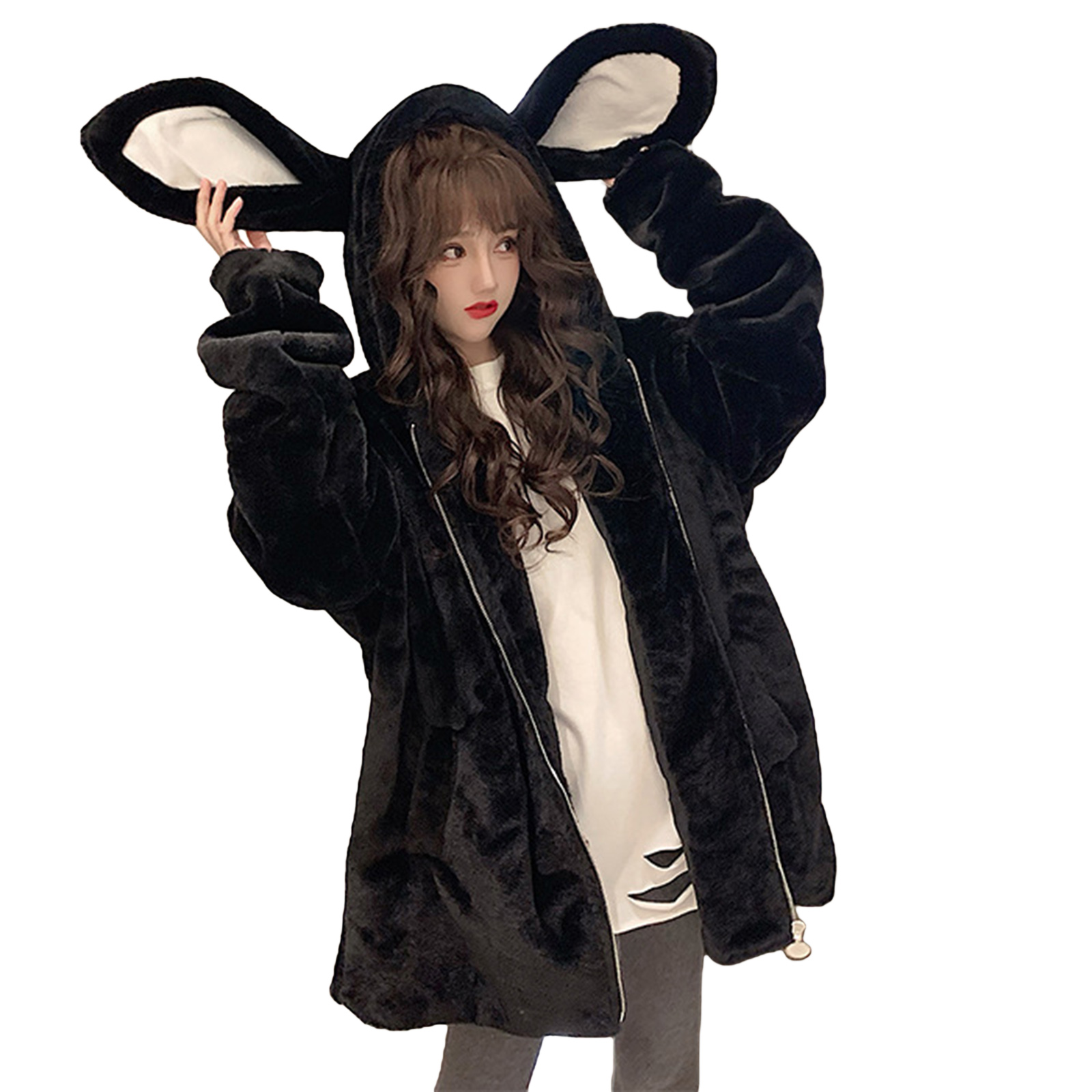 Woman Cute Bunny Ears Long Sleeve Zip Up Hooded Fleece Jacket Hoodies Women Lolita Winter Warm Lambswool Oversized Sweatshirt alx