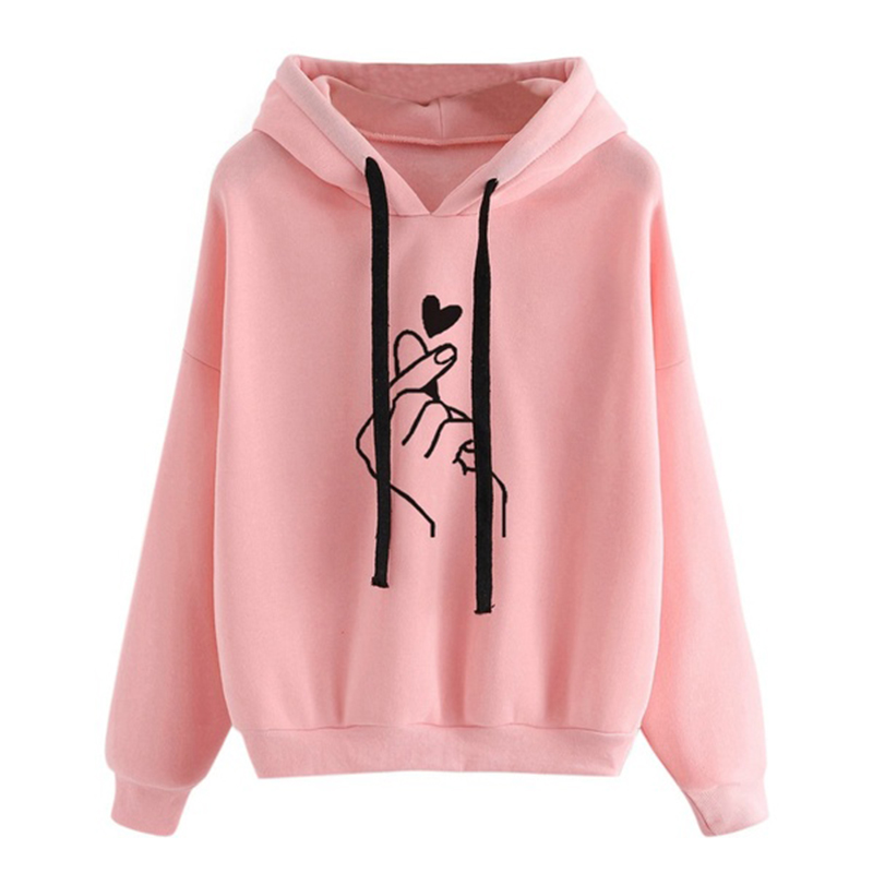 Women’s Harajuku Hoodies Casual Kpop Finger Heart Love Print Hooded Sweatshirts Autumn Long Sleeve Ladies Pullovers Plus Size alx