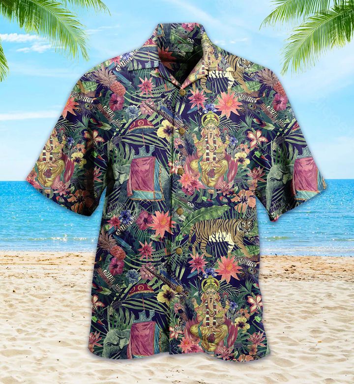 Tropical Palm Leave Peacock Tiger Elephant Abstract Pattern Hawaiian Shirt 3D