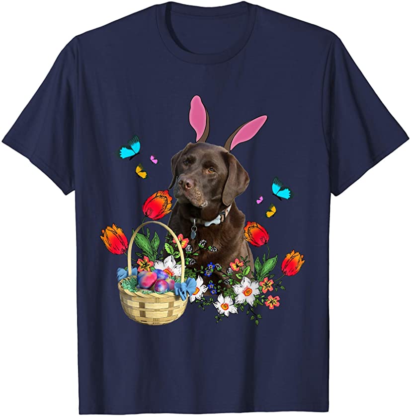 Chocolate Labrador Bunny Dog With Easter Eggs Basket Spring T-Shirt