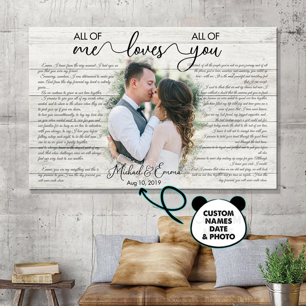 [Personalized Name, Date & Photo] All Of Me Loves All Of You Wedding Vows  – Gift For Couples, Lovely Gift, Gift For Home Decor – Horizontal Canvas Matte Canvas Wall Art