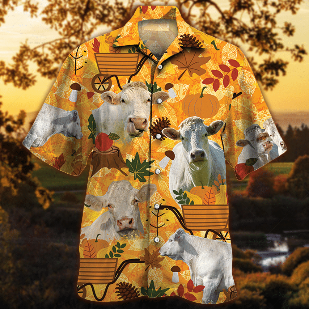 Charolais Cattle Lovers Orange Nature Autumn Hawaii Cow Hawaii Shirt For Men Women Ha30056