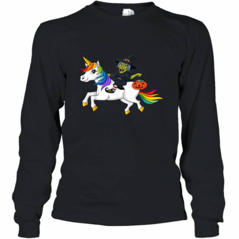 Witch Riding Unicorn Funny Halloween Girls shirt Long Sleeve T-Shirt