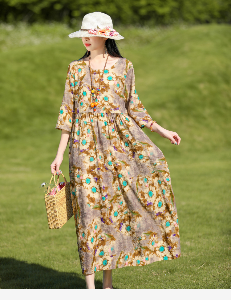 2022 New Summer Bohemian Vintage Floral Print Dresses For Women Casual Loose Woman Dress Elegant Clothing alx