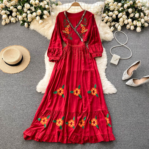 Bohemian Rose Embroidery Floral Long Dress V N eck 3/4 Sleeve Maxi Hippie Vestidos Bohemian Vestidos alx