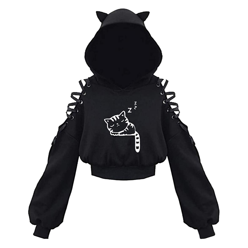 Y2K Women Long Sleeve Hoodies Kawaii Cat Ears Hoodie Gothic Punk Harajuku Style Cold Shouler Drawstring Tops Black Sweatshirts alx