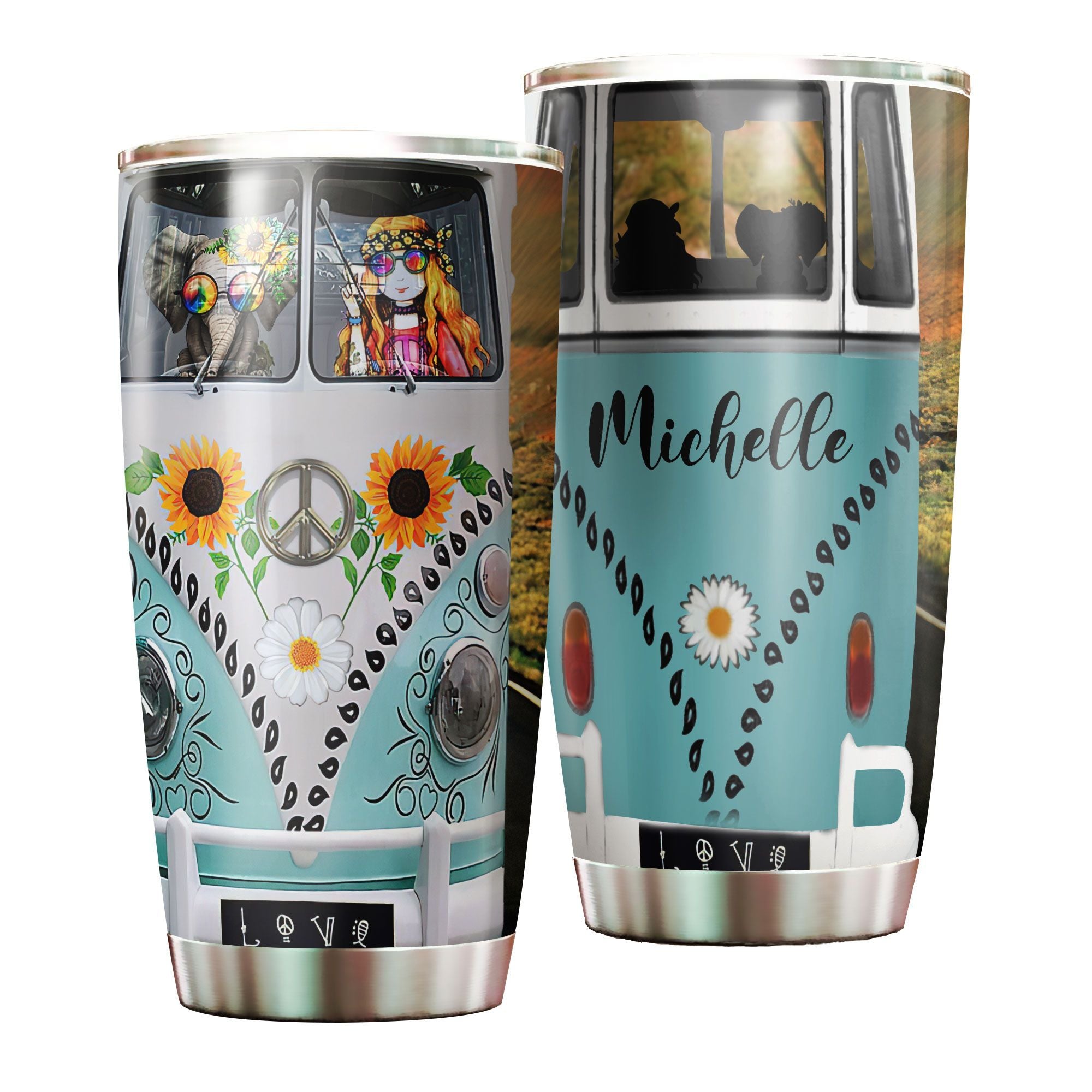 Personalized Hippie Girl And Elephant Sunflower Stainless Steel Tumbler – Double-Walled Insulation Travel Thermal Cup With Lid Gift For Hipster Peace Lover