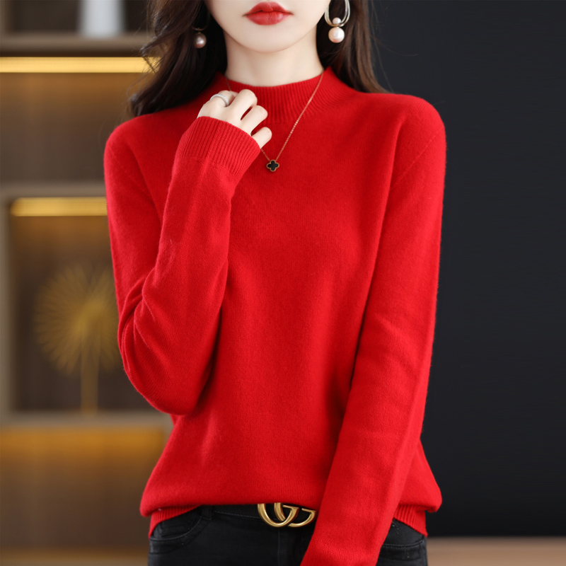 Women Korean Fashion Jumper 100% Pure Wool Half High Neck Pullover Jumper Autumn And Winter Cashmere Sweater Women Casual Knit alx