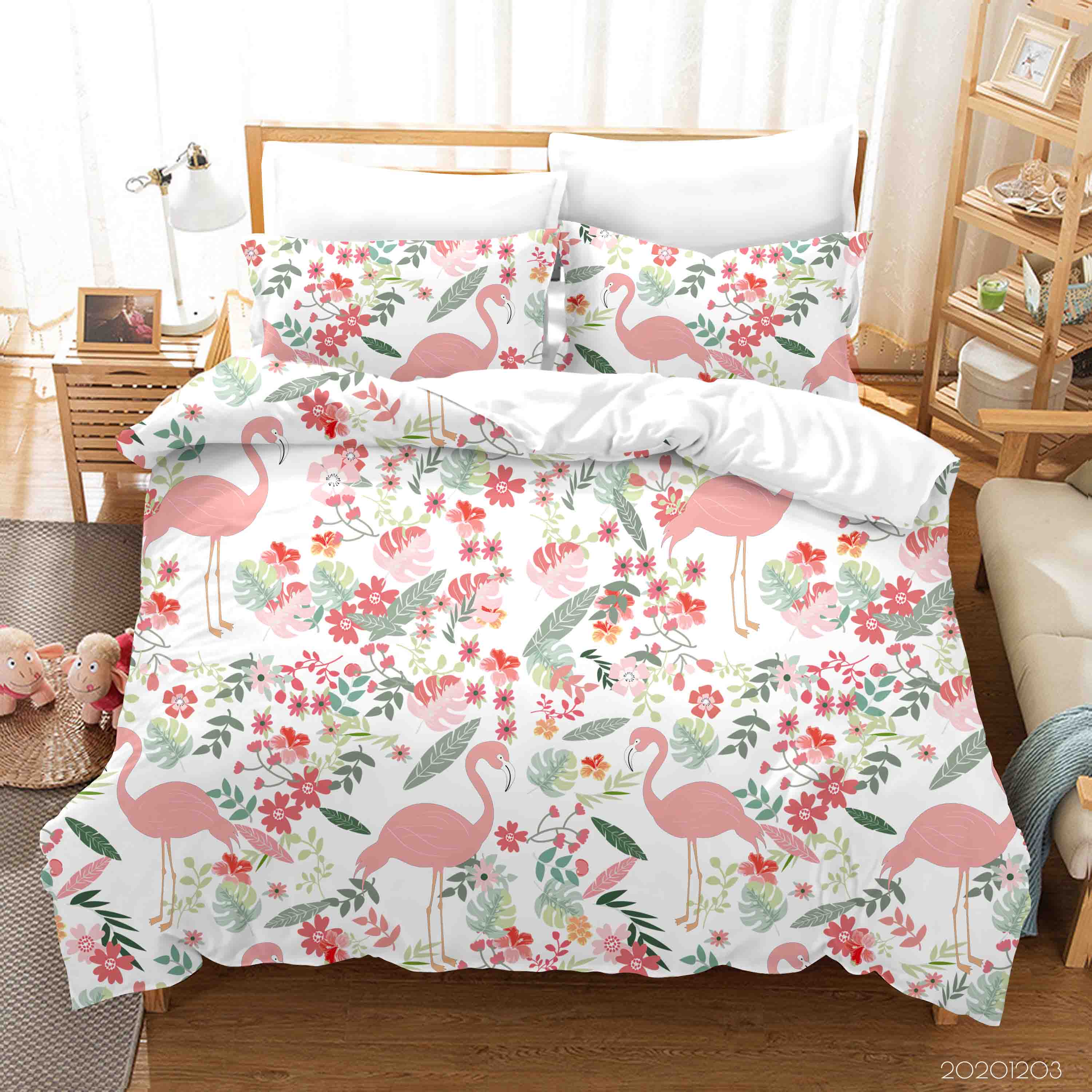 3D Cartoon Hand Drawn Pink Flamingo Animal Floral Leaves Plant Quilt Cover Set Bedding Set Duvet Cover Pillowcases Lxl