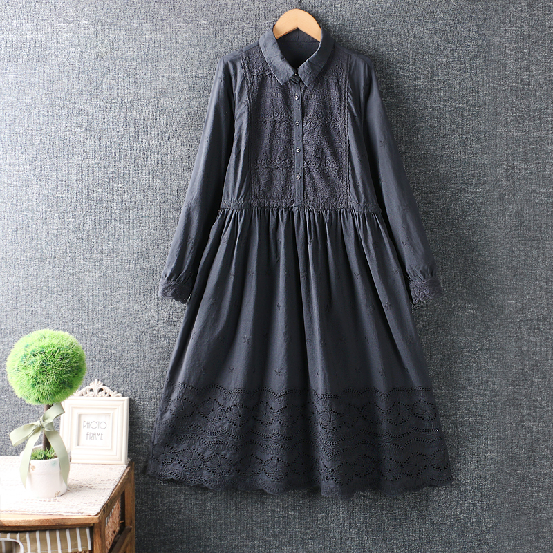 Spring Autumn Women Literature Sweet Loose Dress Turndown Collar Embroidery Cotton linen Long Sleeve Dress alx