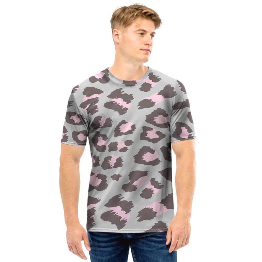 Grey and Pink Leopard Men T Shirt