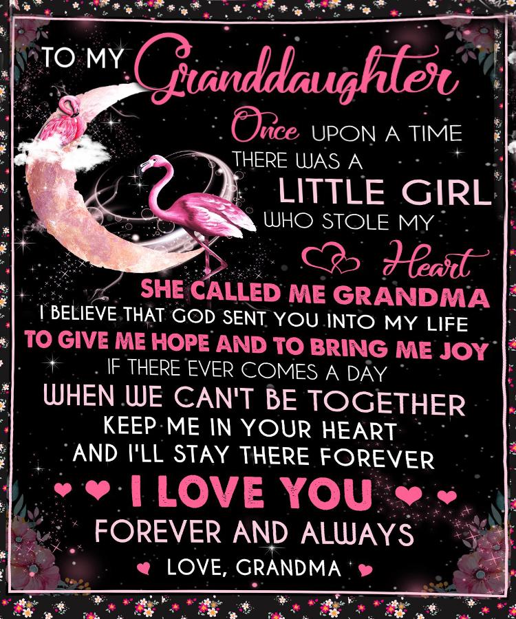 To My Granddaughter Fleece Blanket, Personalized Birthday Gift For Granddaughter From Grandma Blanket, Once Upon A Time There Was A Little Girl Purple Flamingo Blanket