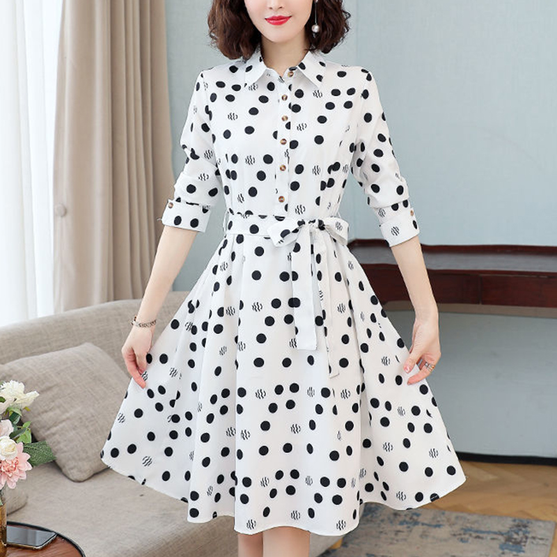 Spring Autumn Korean 5XL Floral Print Belt Chiffon Dress Women Long Sleeve Vestido Elegant Fashion Robe Femme Casual Dresses alx