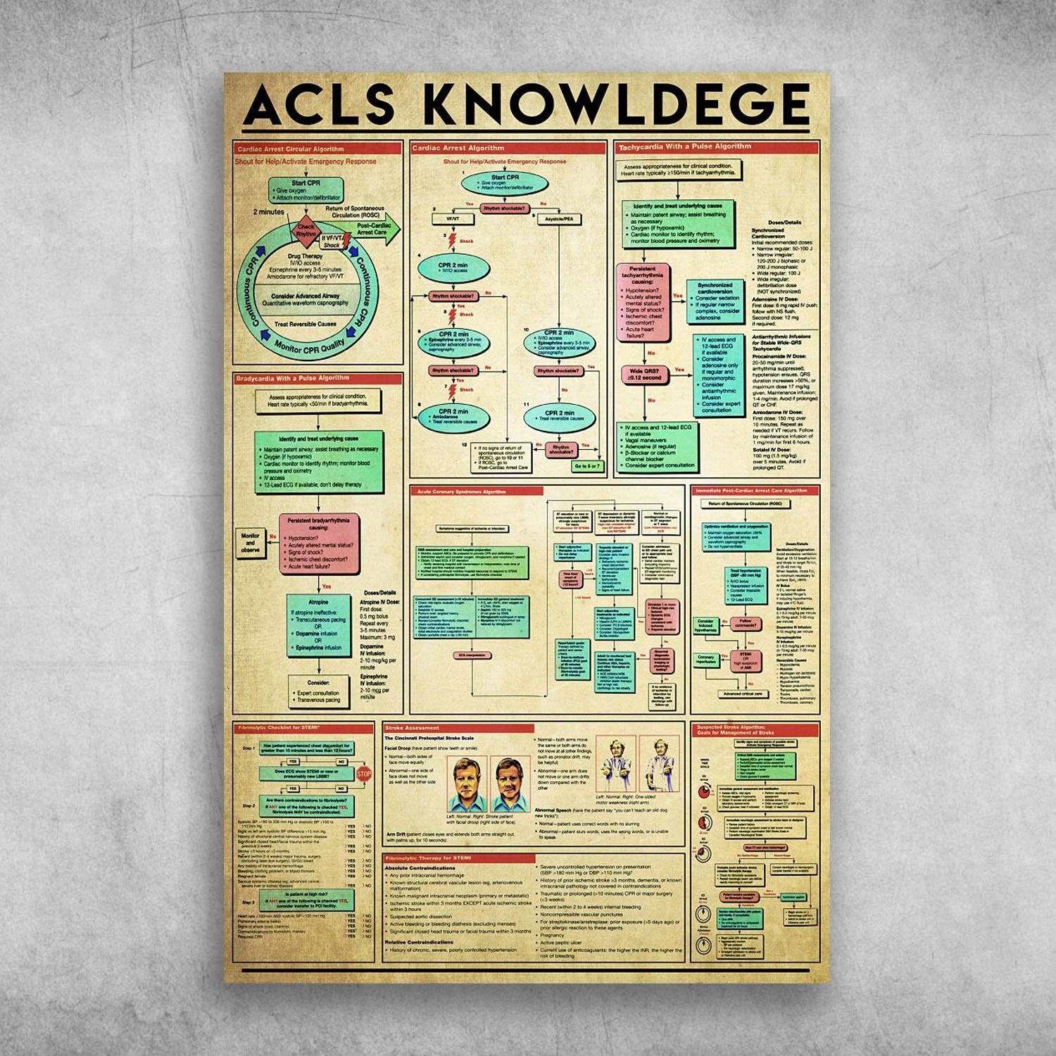 Acls Knowledge Cardiac Arrest Circular Algorithm Poster Print Wall Art Canvas Wall Decor