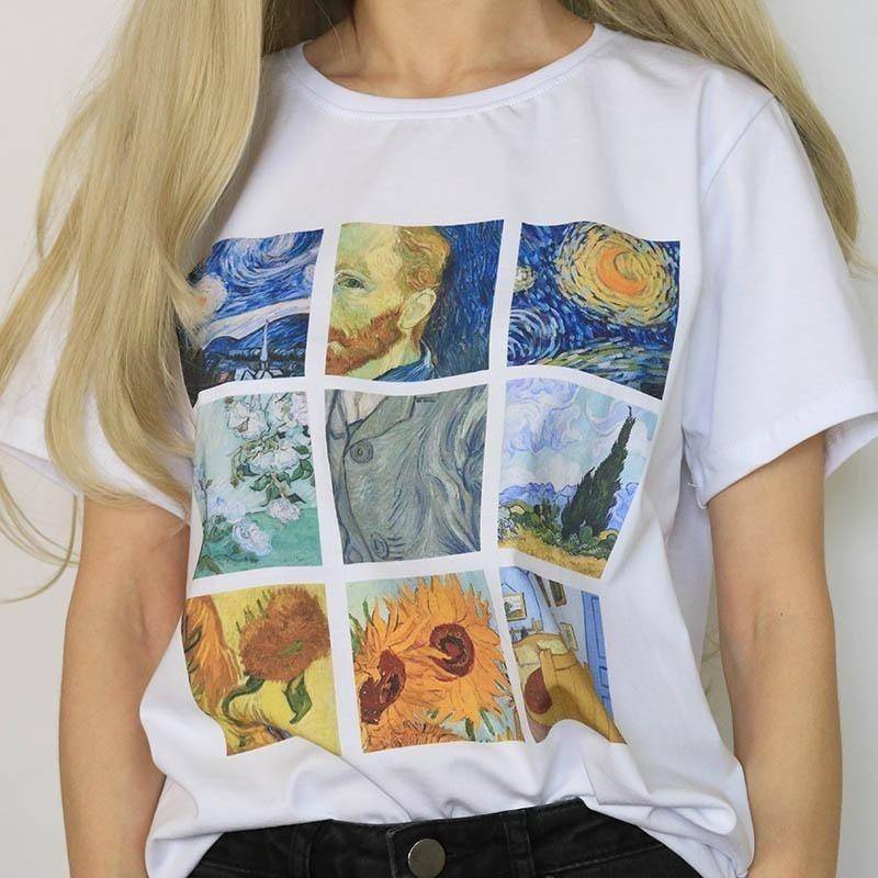 Women Van Gogh Painting T-Shirt Tumblr Grunge Aesthetic Printed Tee Short Sleeves White Tops