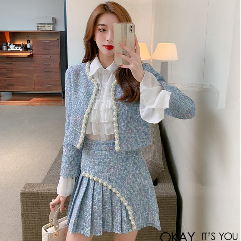 Winter Autumn Women’s Clothing Outfit Fashion Luxury Beaded Long-Sleeve Tweed Coat+Chic Pleats Short Skirt Two Piece Suit Female alx