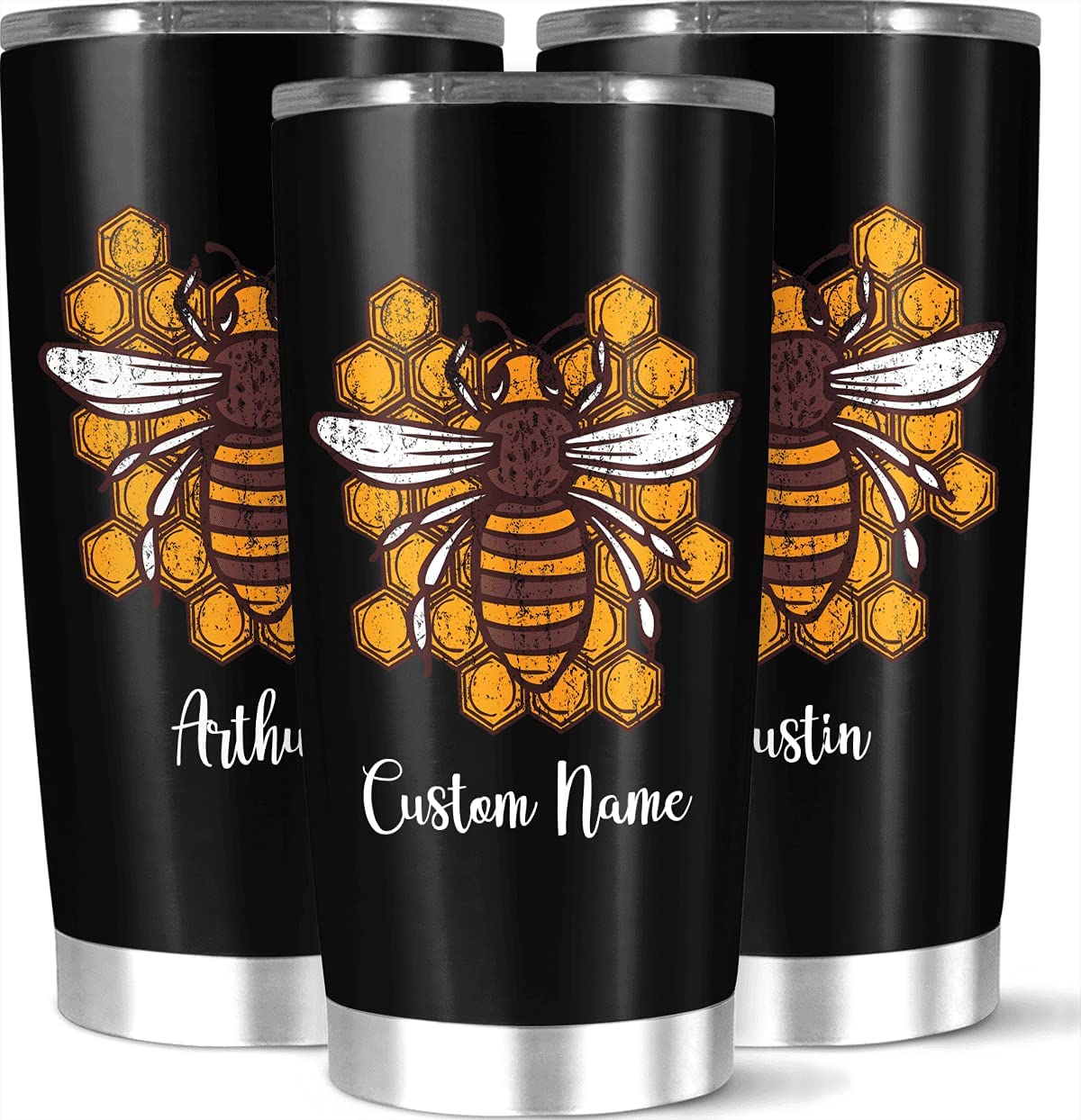 Personalized Premium Stainless Steel Heat Insulated Coffee Tumbler, Awesome Honey Bee, Best Occasion Gift, Basic Design Customized Bee Hot Cold Cup, Name Custom, 20 Or 30 Oz Cup, White