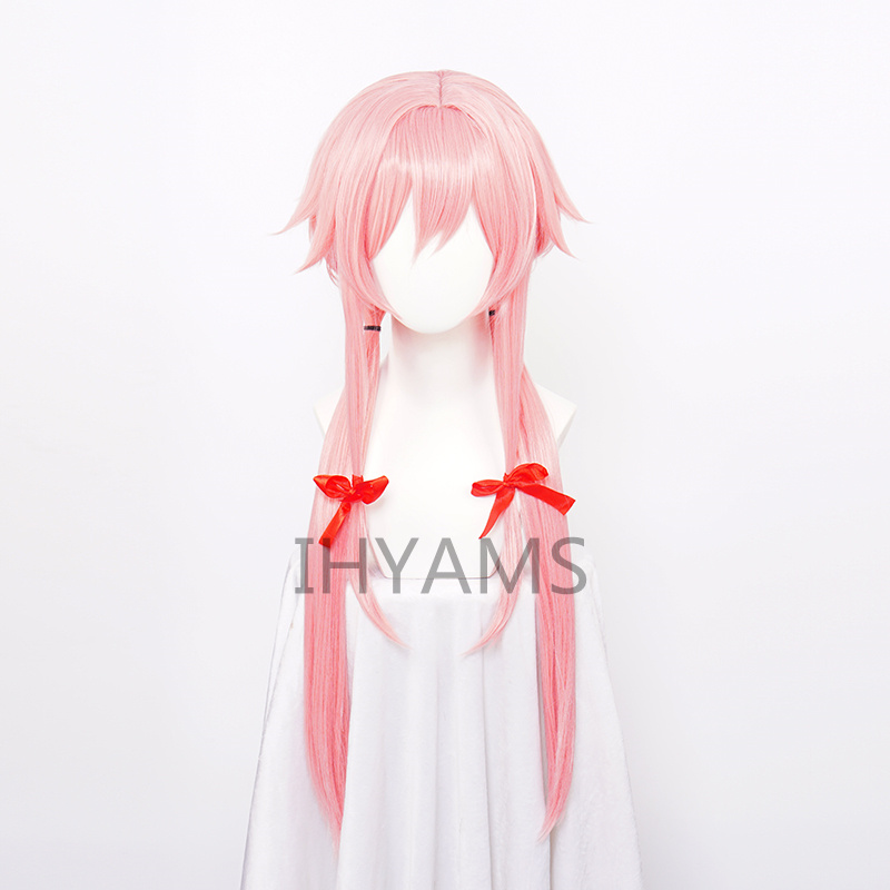 The Future Diary Yuno Gasai Long Pink Straight Styled Anime Cosplay Wig Mirai Nikki Synthetic Hair Wigs +Red ribbon + Wig cap alx