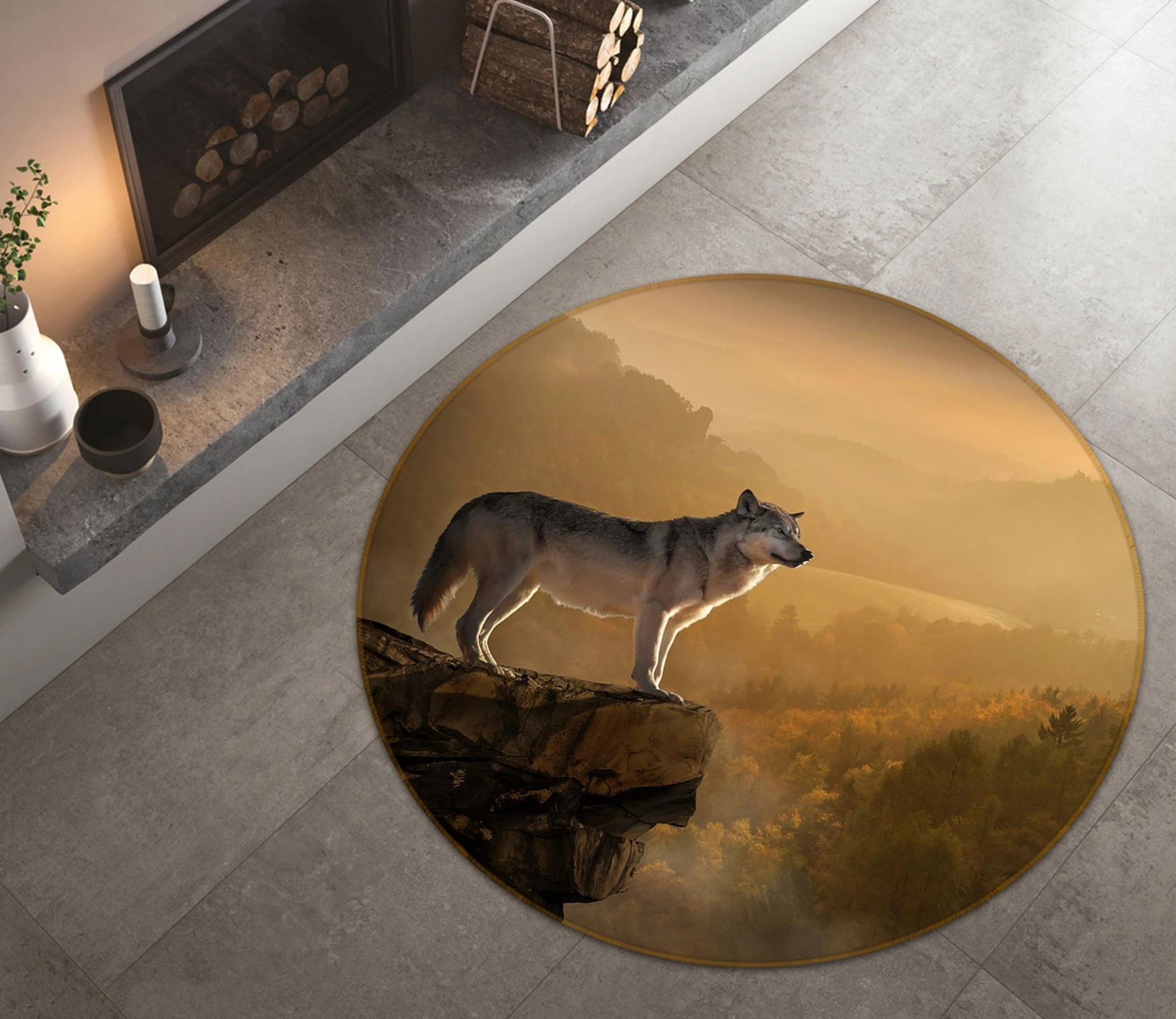 Wolf On Mountain Mist Scenery Printed Round Rug – Round Carpet Home Decor