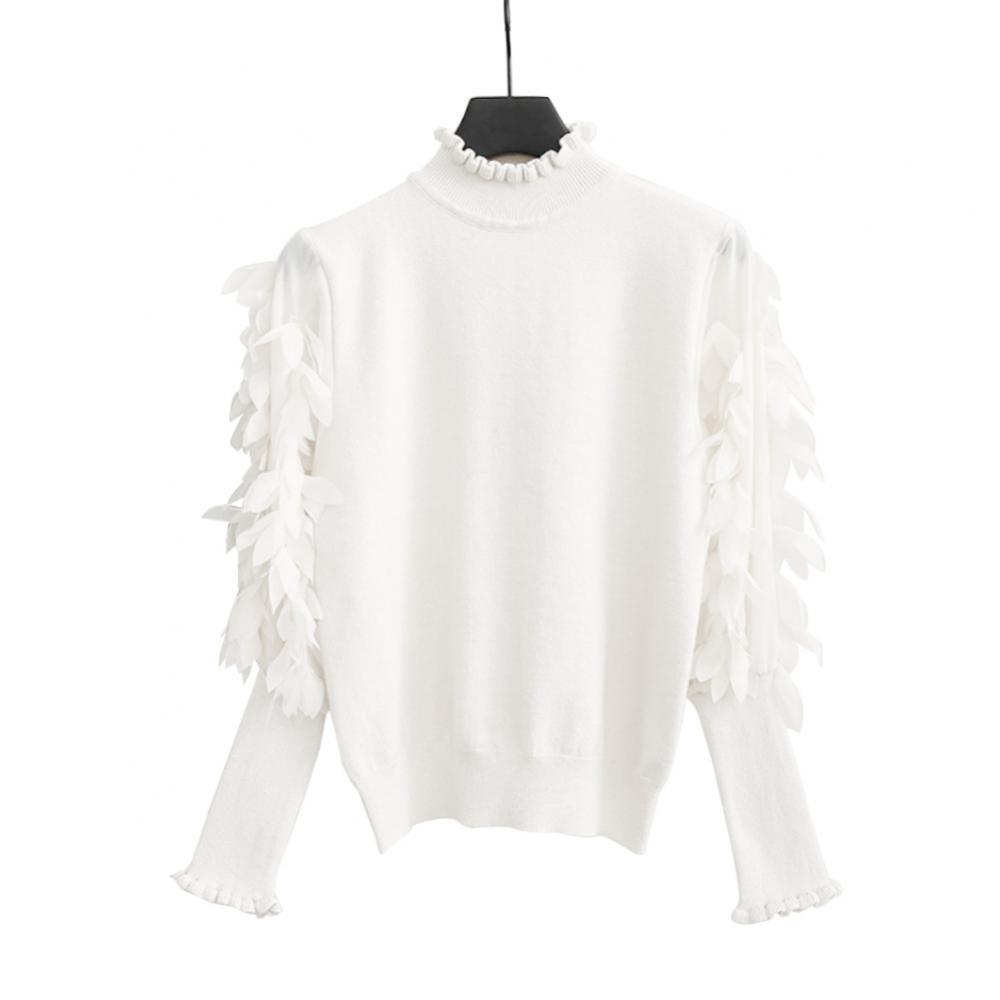 Women Solid Color Sweater Ruffled Mock Neck Long Petal Puff Sleeve Knit Pullover Sweater Stitching Lace Hollow Loose Casual top alx