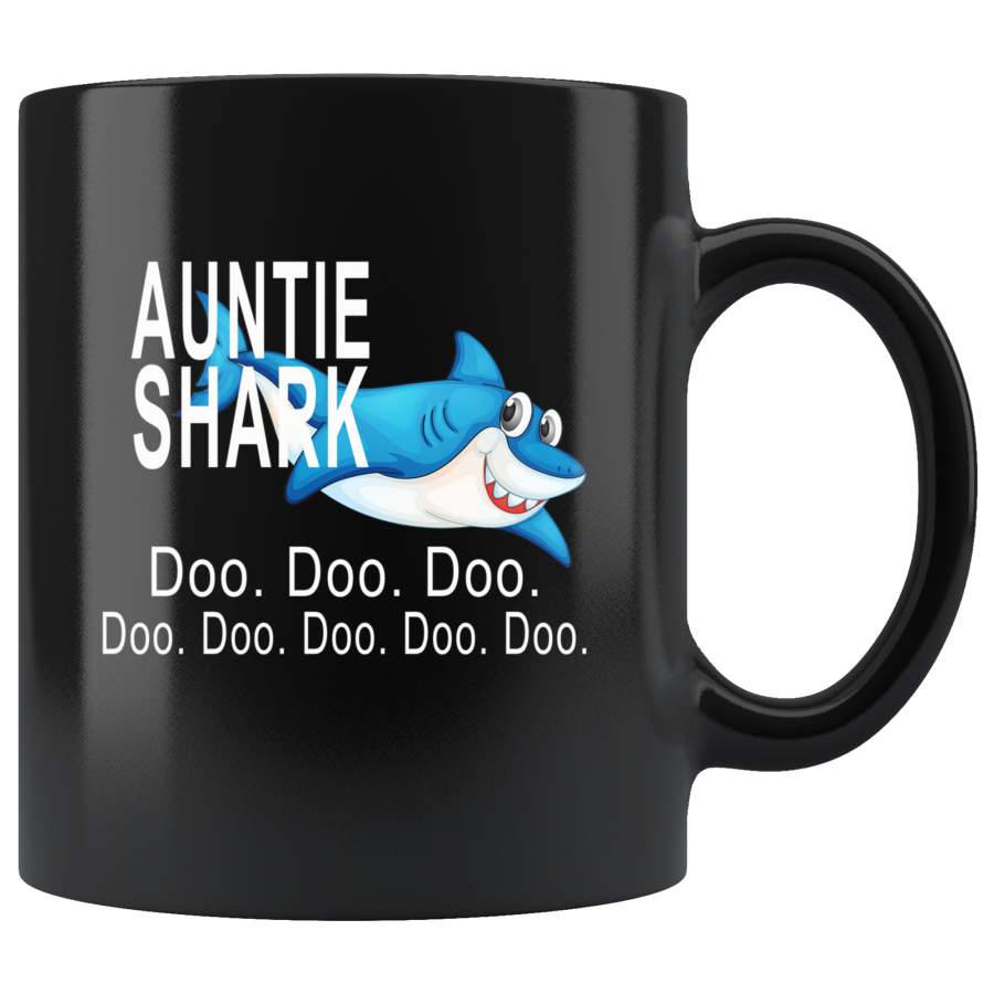 Auntie shark doo doo doo, funny black gift coffee mugs for aunt