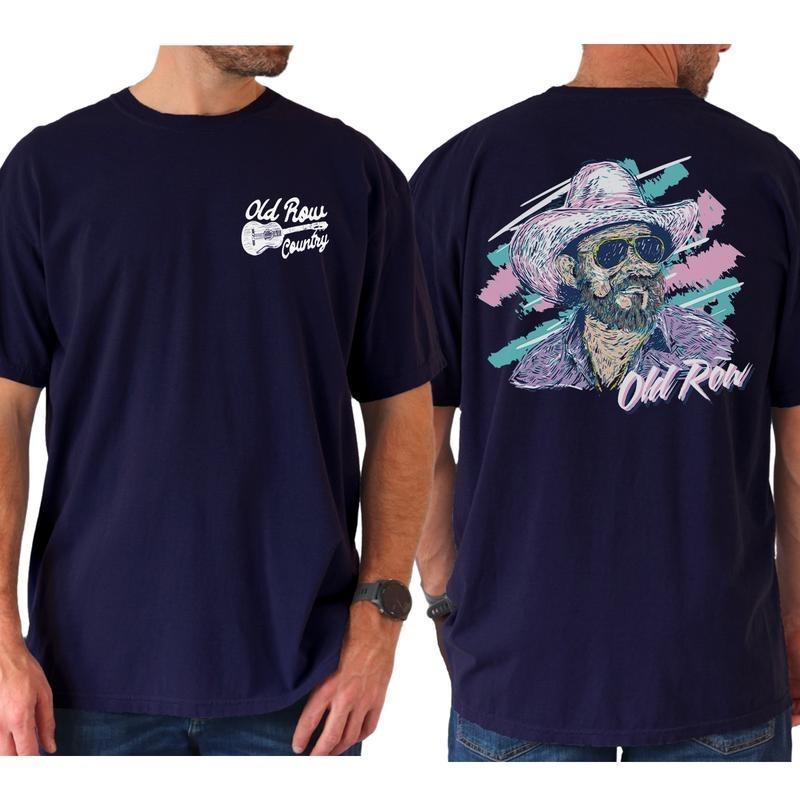 Old Row Country Cowboy Graphic T-Shirt Retro Western Sunglasses Beard Sketch Tee, Vintage Style Southern Country Music Shirt, Cool Gift for Men & Fans