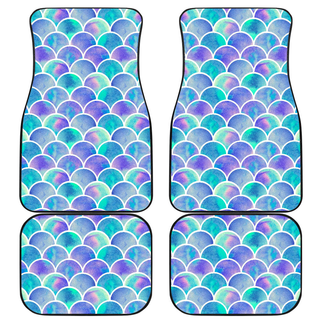 Sea Blue Mermaid Scales Pattern Print Front And Back Car Floor Mats, Front Car Mat