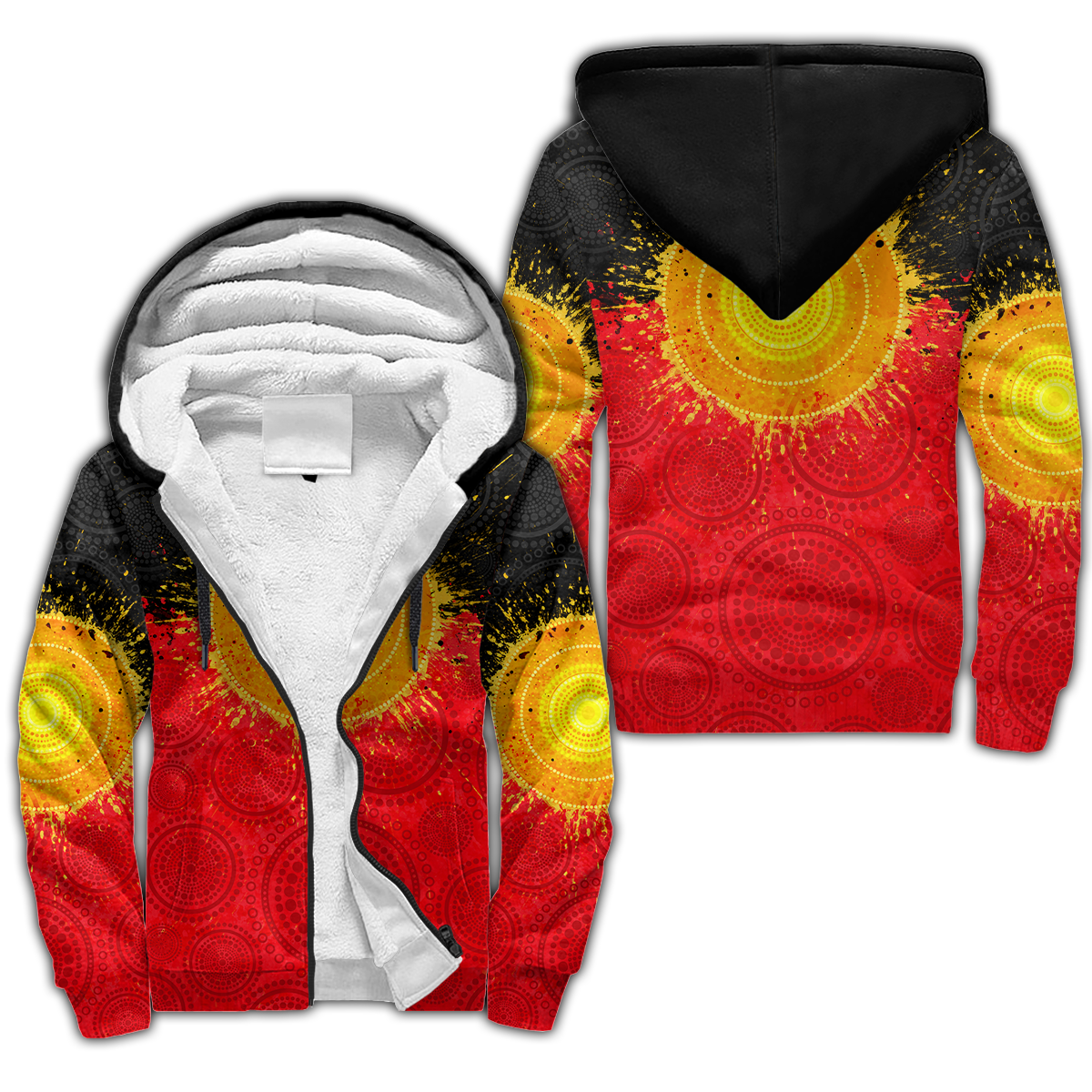 Aboriginal Flag Indigenous Sun 3D Design Fleece Zip-Up Hoodie