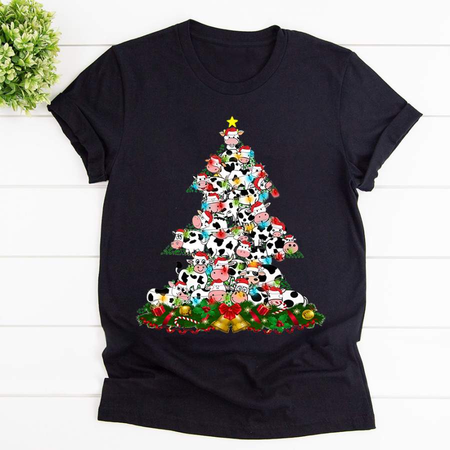 Christmas cow happy xmas tree santa hat ornamet candy cane black cotton t shirt for men and women S-6XL