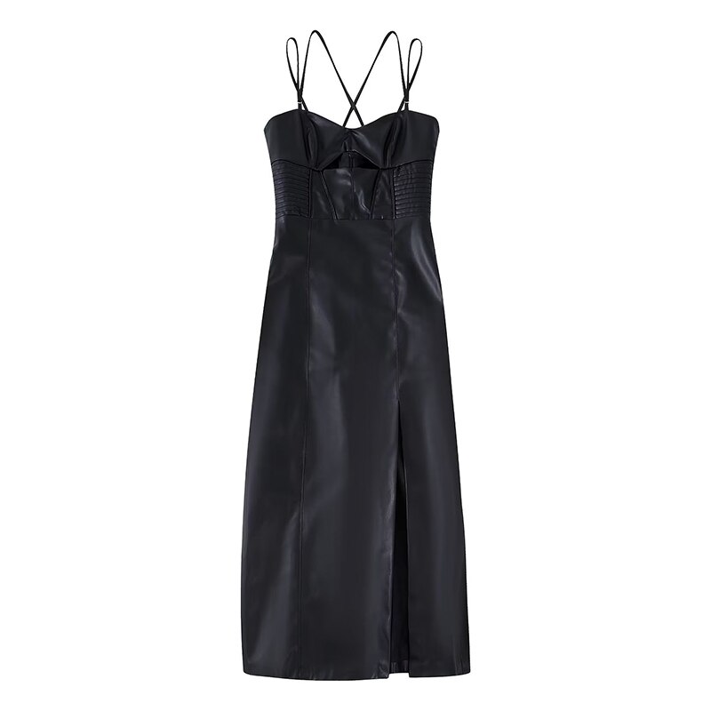 Autumn 2022 Women Black Faux Leather Strap Dress V Neck Vintage Sleeveless Chic Feamle Sexy Midi Dresses Vestidos alx