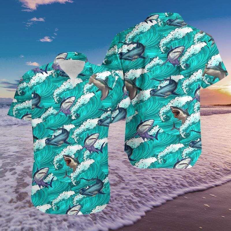 Beach Shirt Funny Blue Shark On Wave Summer Vibe Tropical Hawaiian Aloha Shirts 258H