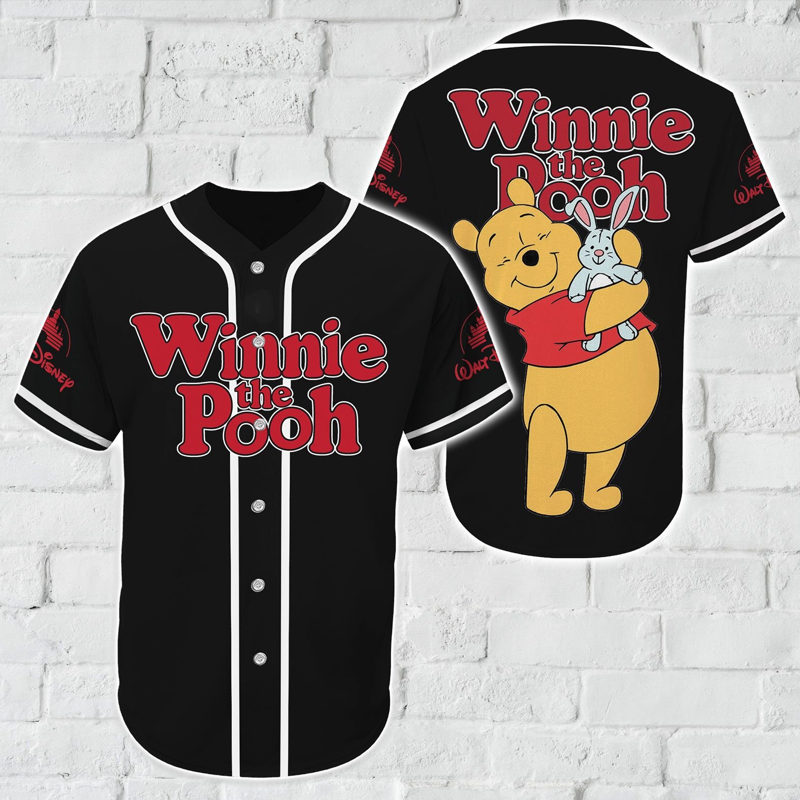 Cartoon Character Pooh Color Baseball Tee Jersey Shirt Black All Over Printed 3D Unisex Men Women