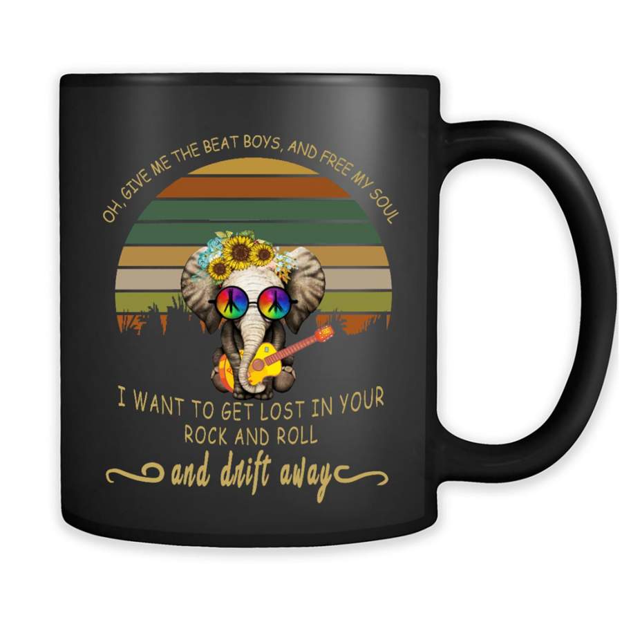 Oh, Give Me The Beat Boys, And Free My Soul I Want To Get Lost In Your Rock And Roll And Drift Away, Peace Sign, Elephant Classic Floral Design – Full-Wrap Coffee Black Mug