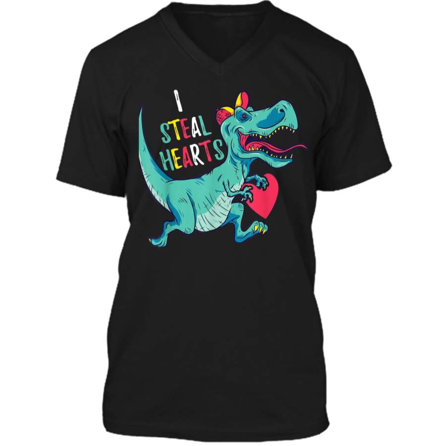 Valentines Day Dinosaur I Steal Hearts  Gifts for Boys Mens Printed V-Neck T