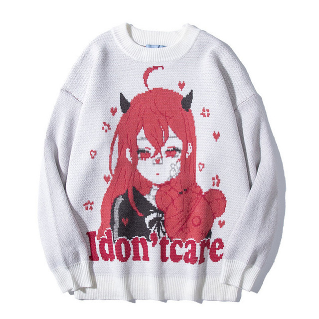 Anime Girl Knitted Sweater Men Hip Hop Street Loose Wool Jumper Vintage Pullover Women Japanese Harajuku Gothic Spring Sweaters alx