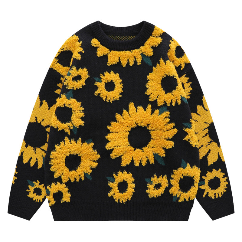 Couples Loose Knit Sweater Round Neck Oversize Casual Chrysanthemum Print Sweater Men’s Street Harajuku Fashion Jumper Autumn alx