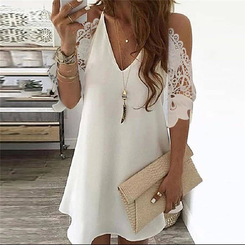 Summer Vintage Floral Printed Dresses Women Casual Off Shoulder Half Sleeves Lace Dress Hollow Out V-Neck Sling Party Dresses alx