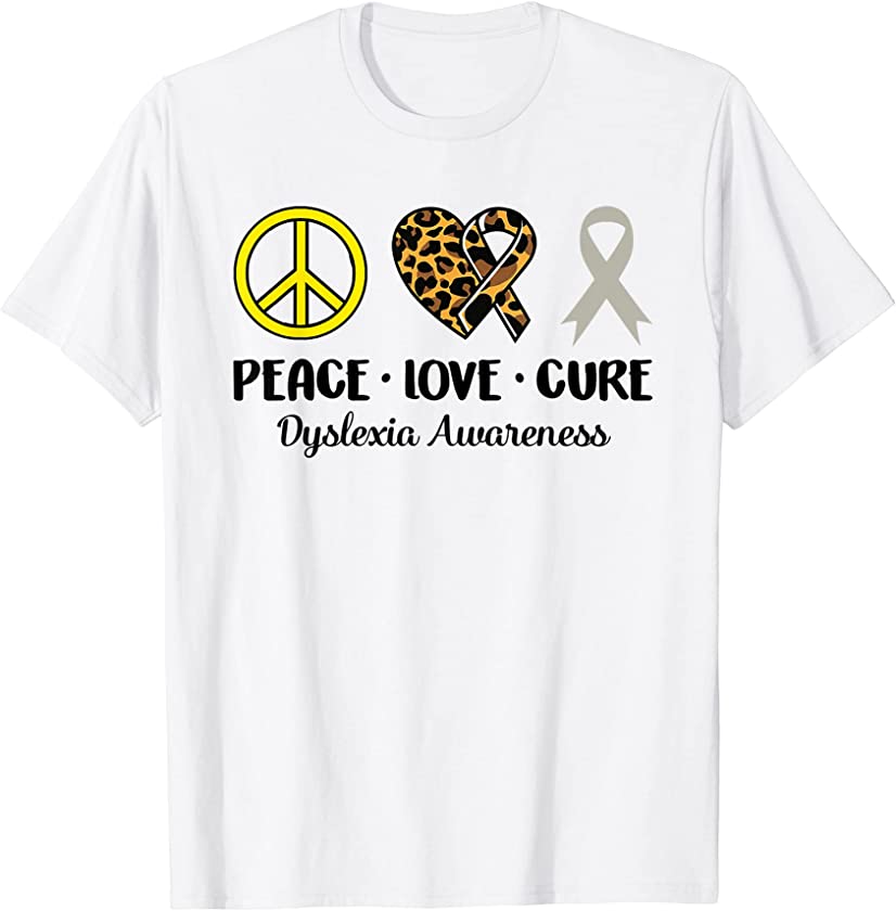 Dyslexia Awareness Peace Love Leopard Heart Ribbon Family T-Shirt