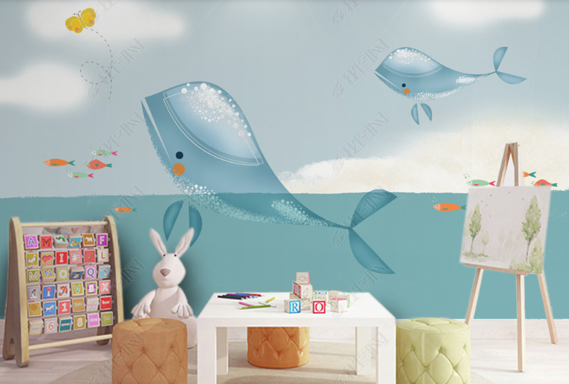 3D Watercolor Blue Sky Cloud Sea Dolphin Wall Mural Wallpaper Lqh 171