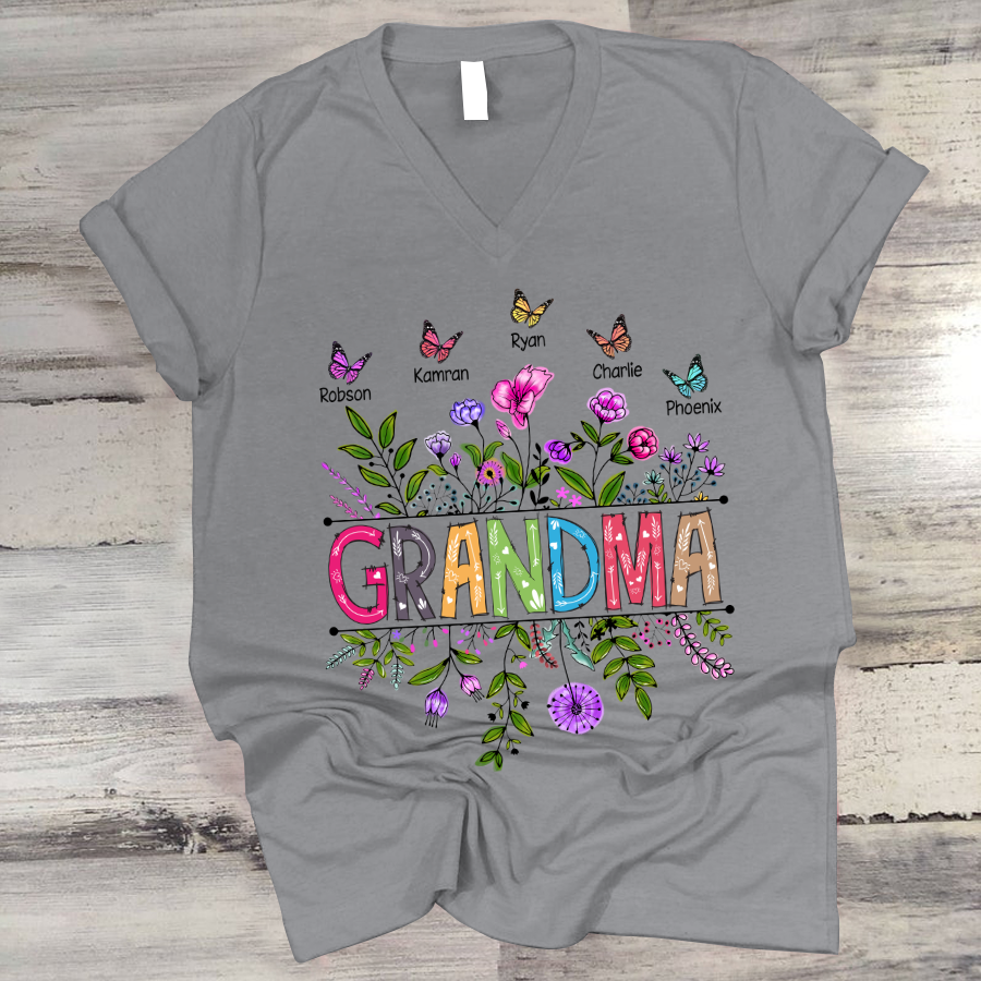 Wildflowers Grandma And Grandkids Butterfly V-Neck