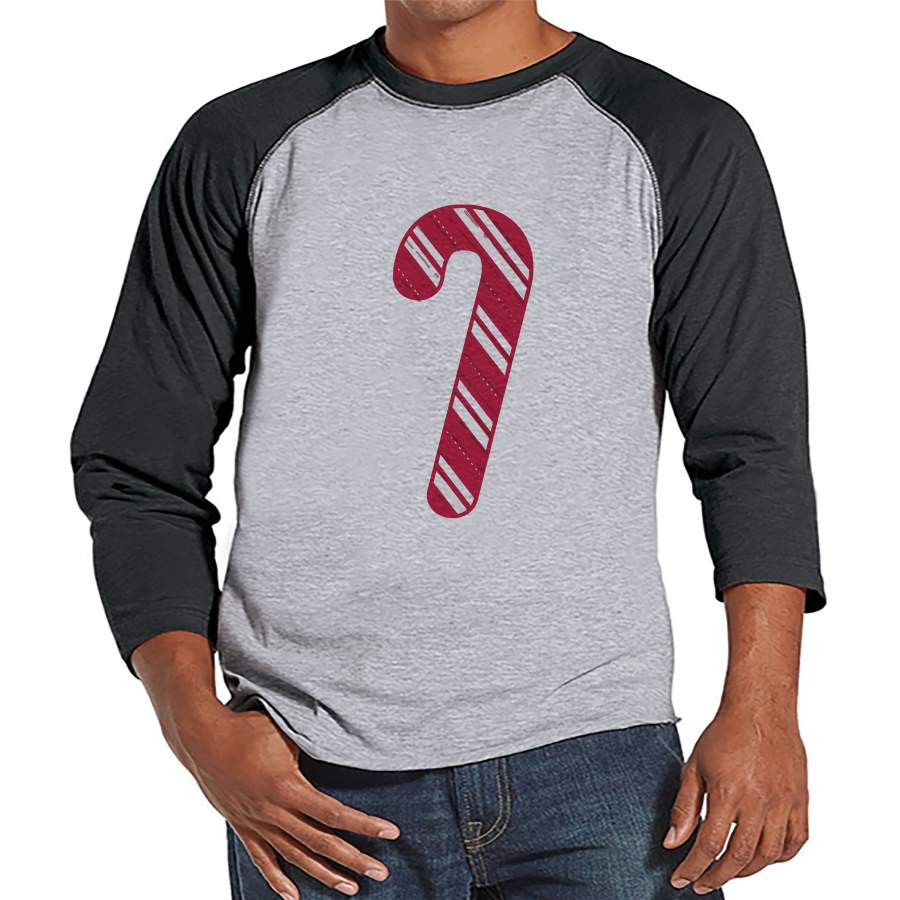 Men’s Christmas Shirt – Candy Cane Shirt – Christmas Present Idea for Him – Family Christmas Pajamas – Grey Raglan Tee – Christmas Gift Idea